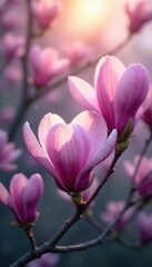 Spring morning with violet magnolia flowers swaying gently in the breeze, soft light, blooming flowers