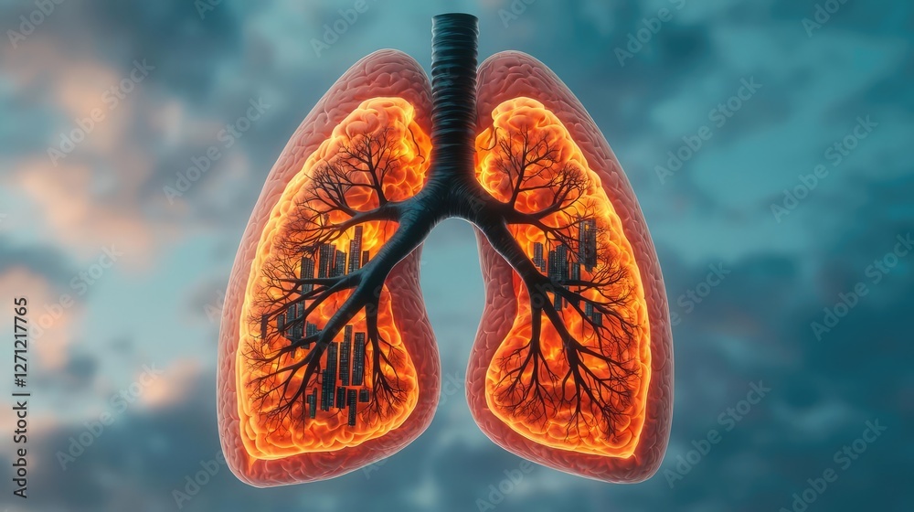 Poster acid rain climate change concept. an artistic depiction of lungs with intricate patterns illustratin
