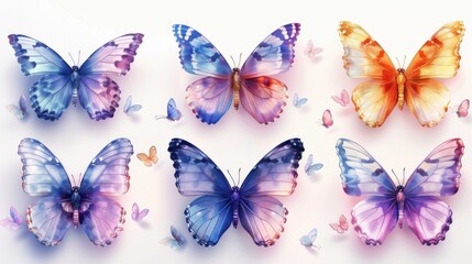 Obraz premium Butterfly illustration set with blue, purple, and orange tones, detailed wings on a clean white background