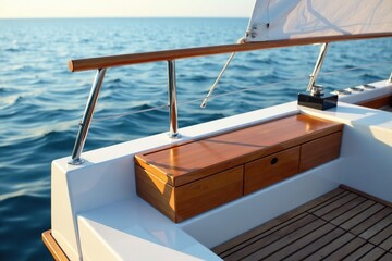 railing with attached storage box for sailing gear, padding, yacht, rail