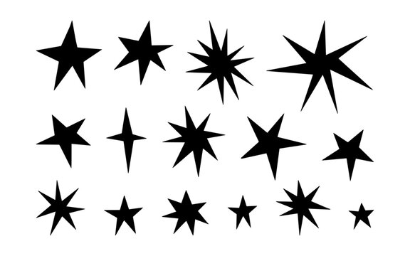 Handdrawn irregular stars set. Perfect for logos, prints, stickers, social media, and creative designs. Vector unique, artistic, and versatile sharp stars and sparkles, isolated on white background.