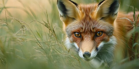 Fototapeta premium Red fox hiding in the grass stalking prey in united kingdom