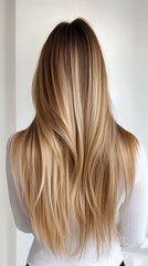 Beautiful model girl with blond hair strand,silky healthy chestnut wavy hair strand,hair wavy ribbon, with smooth,Keratin straightening,Treatment,straight long hair,procedures,Smooth hairstyle.