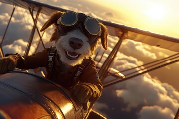 Animated adventurous canine pilot flying vintage biplane in sunset sky