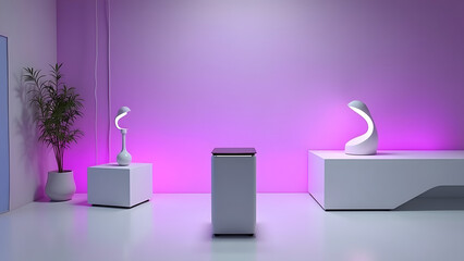 stock photo features a minimalist, gradient purple studio room background, creating a sleek and versatile setting for product photography

