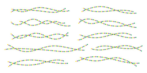 Set of Mardi Gras decorative elements - beads border line, beaded jewelry. Festive vector illustrations isolated on white background, for holidays invitations. Beads and Throws. © LENNAMATS