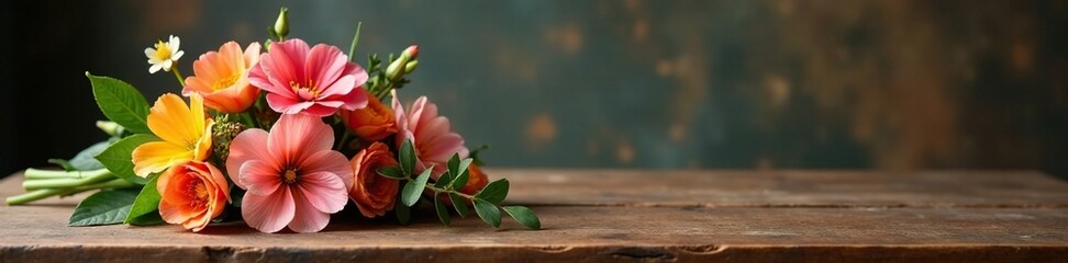 Exquisite wooden flower arrangement on wooden table, flowers, table, elegant