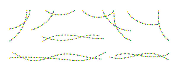 Decorative beaded corners. Mardi Gras frame elements - beads border lines, beaded jewelry. Set festive vector illustrations isolated on white background, for holidays invitations. Beads and Throws