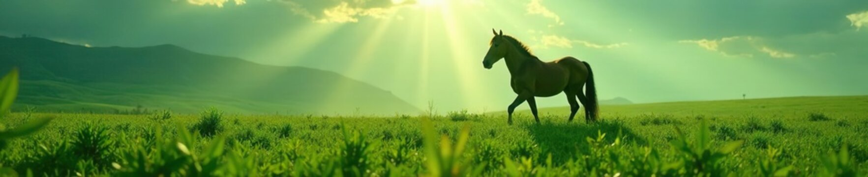 Equino majestuoso parado en el suelo del campo, claro, campo, verde
