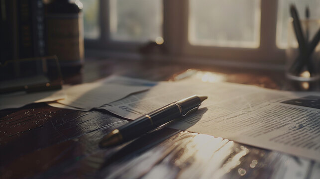 Close-Up of a Journalist's Pen and Notebook on a Wooden Desk with Blurred Newspaper Clippings in the Background, Symbolizing Press Restrictions