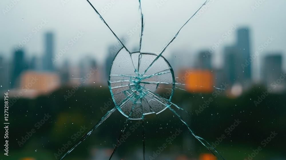 Poster acid rain climate change concept. a close-up view of a cracked window with a blurred city skyline in