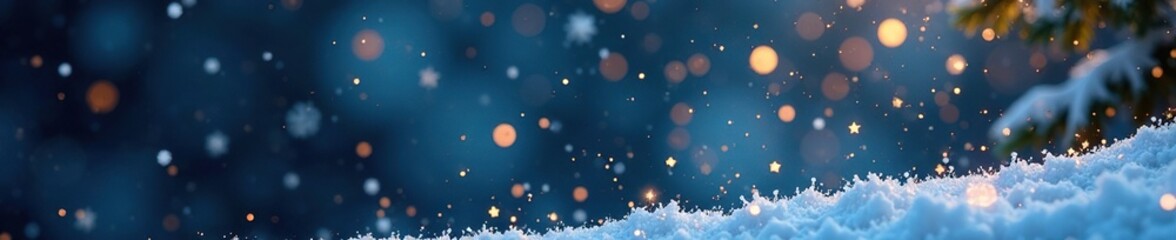Sparkling snowflakes fall gently on a winter wonderland background, snowy scene, abstract dark blue and gold particles, festive atmosphere