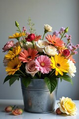 A mix of fresh colorful flowers in a large metal bucket, nature, arrangements, flowers