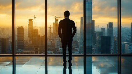 Fototapeta premium Business leader overlooking city skyline at dusk modern office environment professional perspective ambition