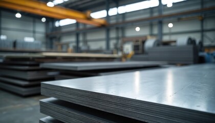 Galvanized metal sheets in industrial warehouse. Aluminum, steel plates stacked for manufacturing. Metalwork factory production, metal industry, metalworking background. Machinery, equipment for