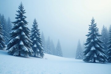 Obraz premium Dense fog swirls around towering evergreen trees in a winter landscape with falling snowflakes, snowy surface, serene