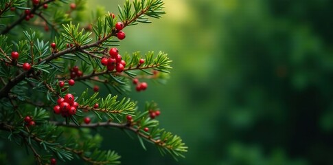 Evergreen tree with bright red berries and branches, branches, evergreen landscape
