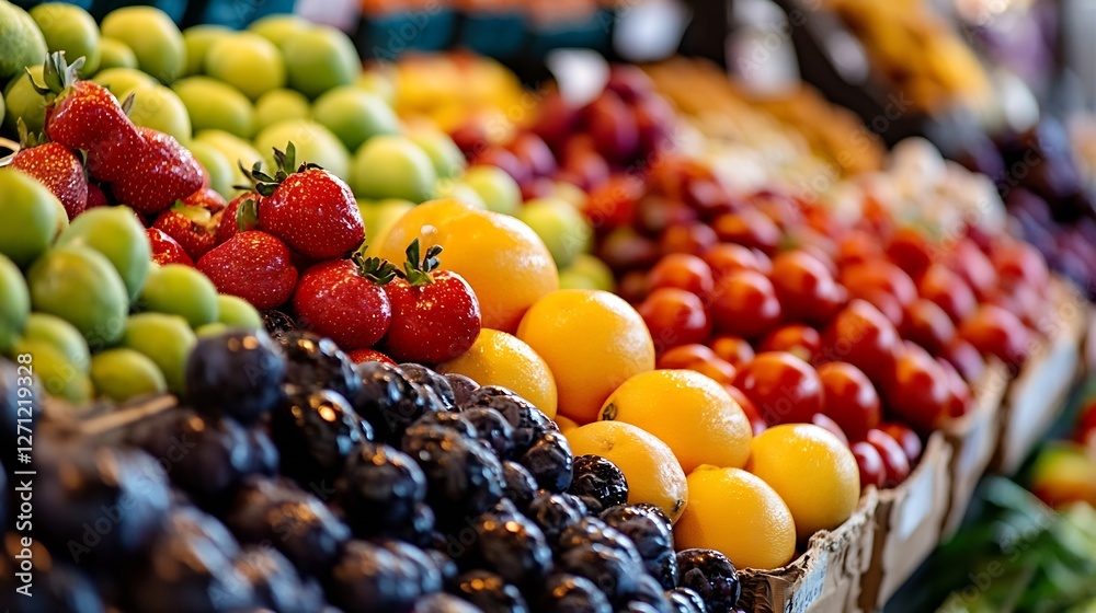 Aufkleber fresh and colorful display of fruits at a vibrant market stall : generative ai