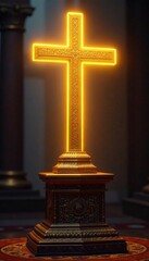 Radiant cross beams with golden glow, atop ornate wooden pedestal, ornate, sacred