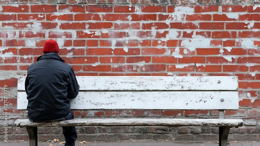 Poster man in red beanie sitting quietly on a weathered white bench against a brick wall : generative ai