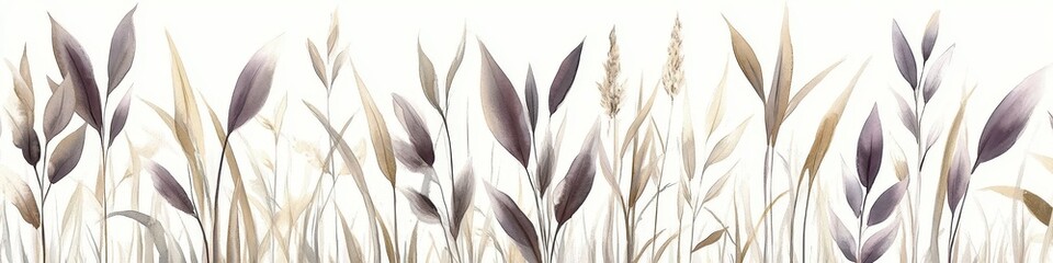 Delicate Watercolor Grasses in Soft Violet, Cream, Neutral Tones, Minimalist Botanical Illustration
