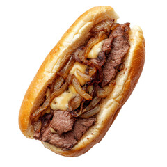 Delicious beef sandwich with melted cheese and caramelized onions, served in soft bun, perfect for hearty meal