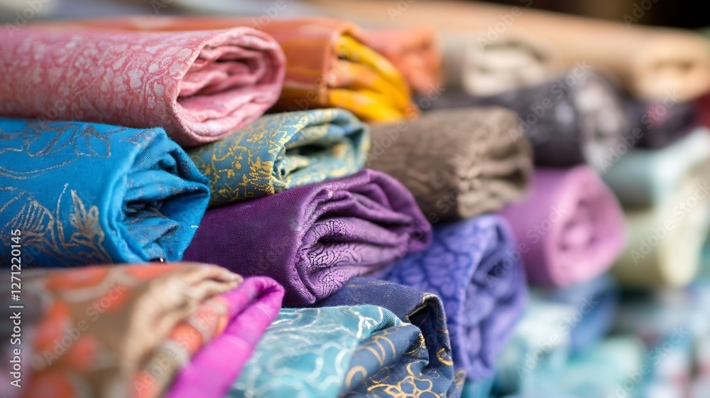 Poster vibrant and beautifully arranged rolls of fabric in a variety of colors and patterns displayed for s