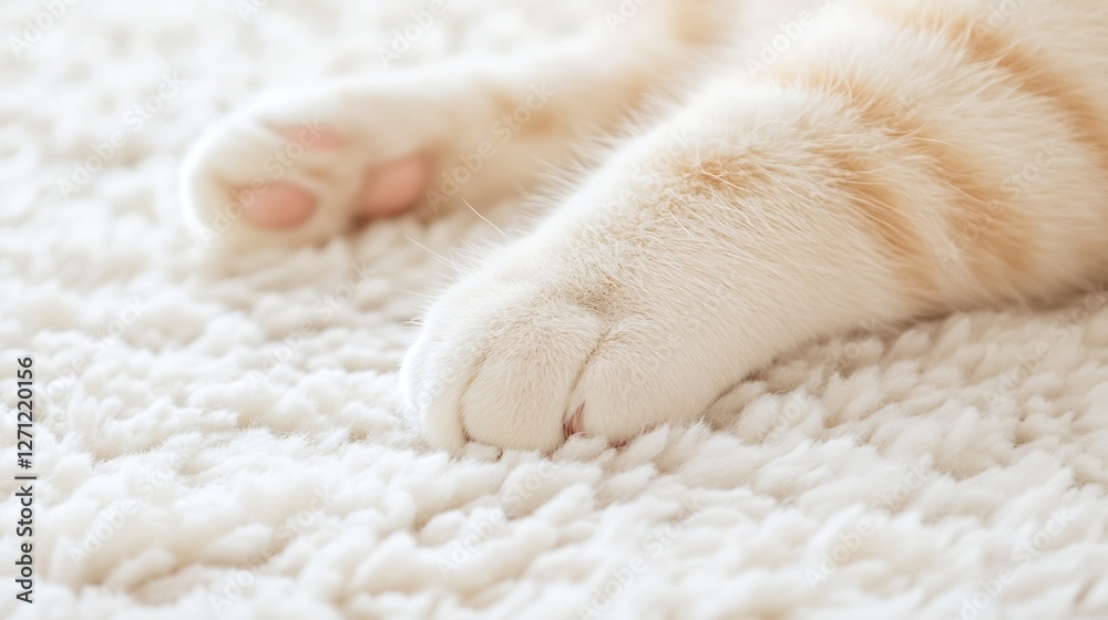 Poster closeup of adorable ginger cat paw resting comfortably on plush white surface : generative ai