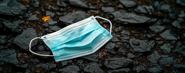 Acid rain climate change idea. A discarded face mask lying on a rocky surface, symbolizing environmental impact.