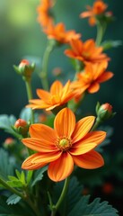 Whimsical orange flowers twirling in a spiral, flowers, playful, orange