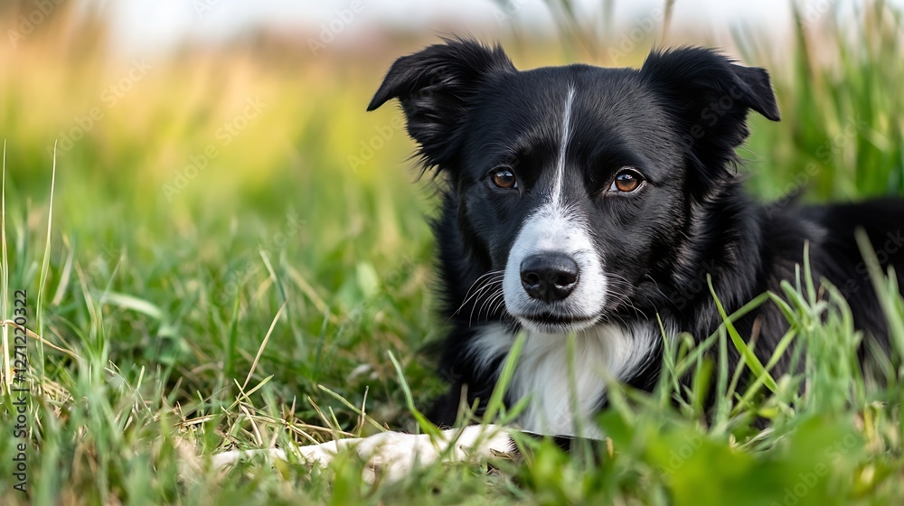 Poster close up of a calm and affectionate black and white dog resting in the grass : generative ai