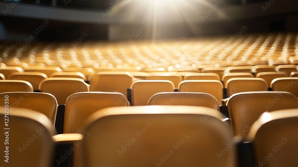 Poster empty auditorium with neatly arranged brown chairs under warm lighting and soft focus : generative a