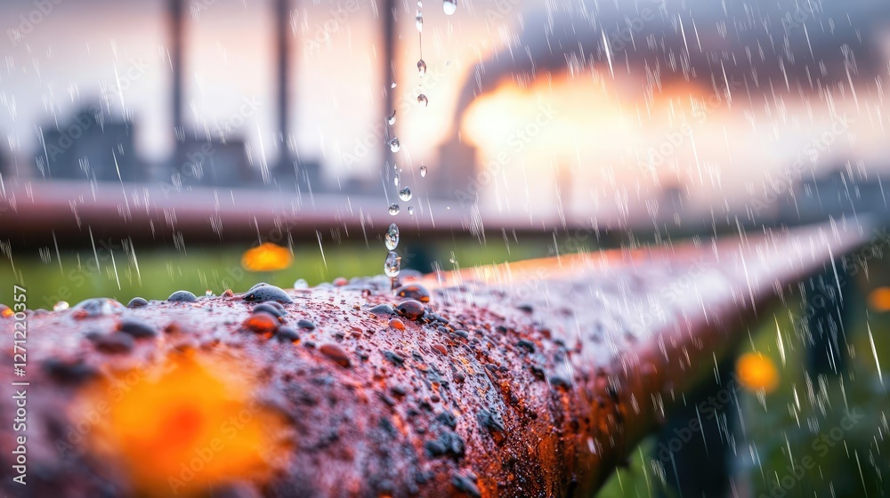 Poster acid rain climate change idea. close-up of a rusty pipe with raindrops and industrial background, ca