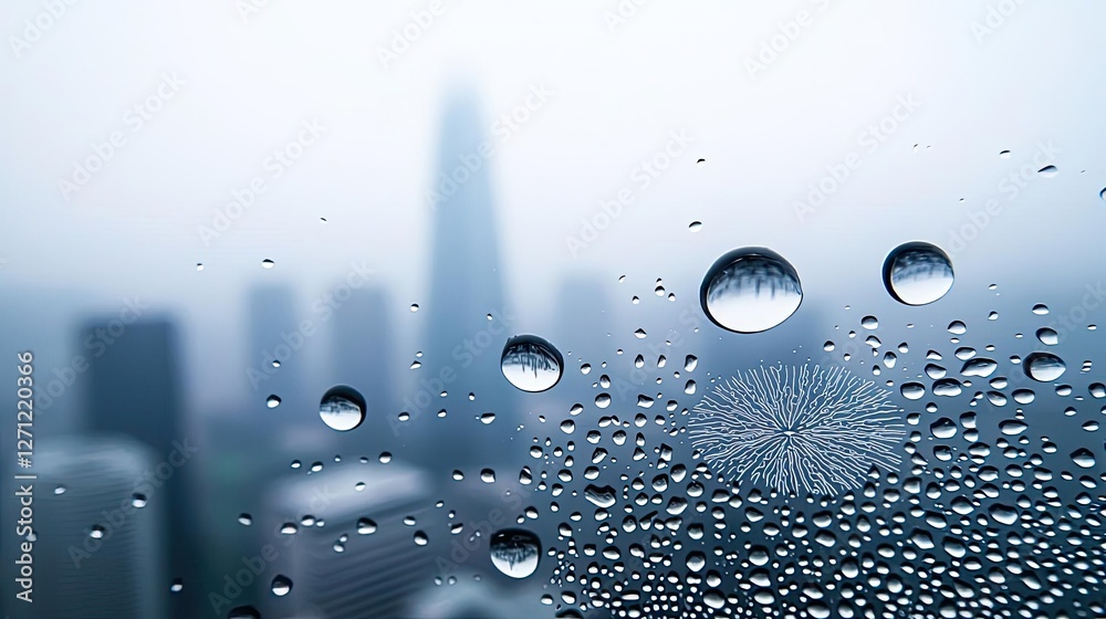 Poster Acid rain climate change concept. Raindrops on a window with a blurred city skyline in the background, creating a serene atmosphere.