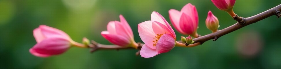 Fototapeta premium Dainty pink petals unfolding on a wooden branch, garden, nature, delicate