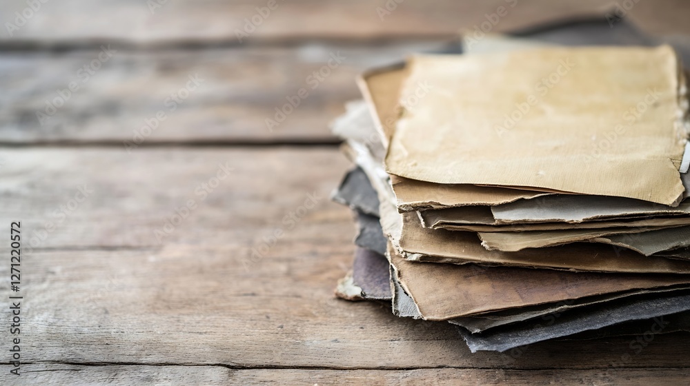 Poster stack of old paper sheets neatly arranged on a wooden surface conveying a vintage aesthetic : genera