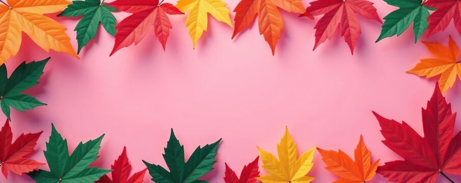 pink rectangle background with a bunch of colorful leaves, appreciation, forest