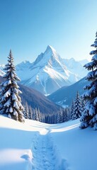 Fototapeta premium Snowy mountain landscape with blue sky and trees, peaceful, cold, snowy