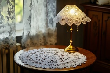 Elegant Lamp with Lace Shade on Wooden Table in Cozy Interior