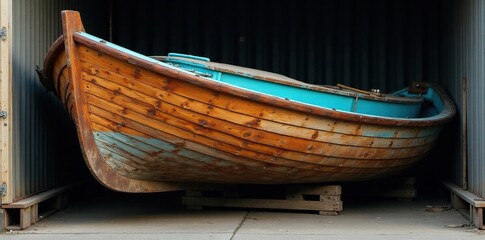 Obraz premium Wooden boat leaning against a metal pipe on the storage rack, boat leaning, storage, moored