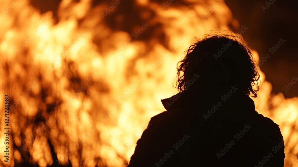 Poster silhouette of person standing near a raging fire with intense flames illuminating the darkness : gen