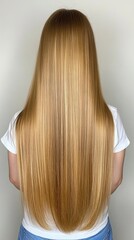 Fototapeta premium Beautiful model girl with blond hair strand,silky healthy chestnut wavy hair strand,hair wavy ribbon, with smooth,Keratin straightening,Treatment,straight long hair,procedures,Smooth hairstyle.