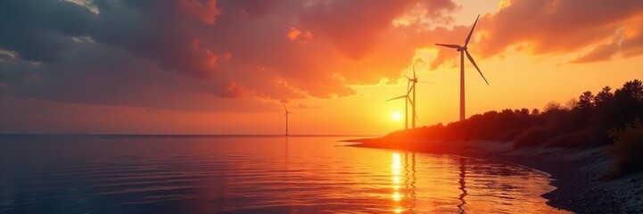 Golden hour glow on offshore wind farm with trees in the background, offshore wind farm, golden hour, landscape