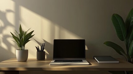 Minimalist workspace with laptop, plants, and warm light creating calm atmosphere