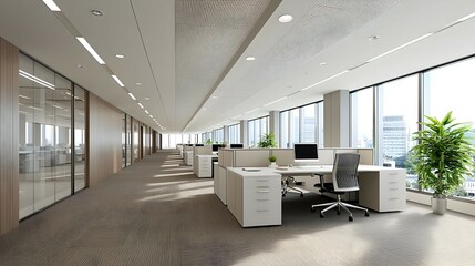 Fototapeta premium Modern Open Plan Office Interior with City View