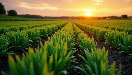 Rows of garlic plants in a green field at sunset, crops, agriculture, plants