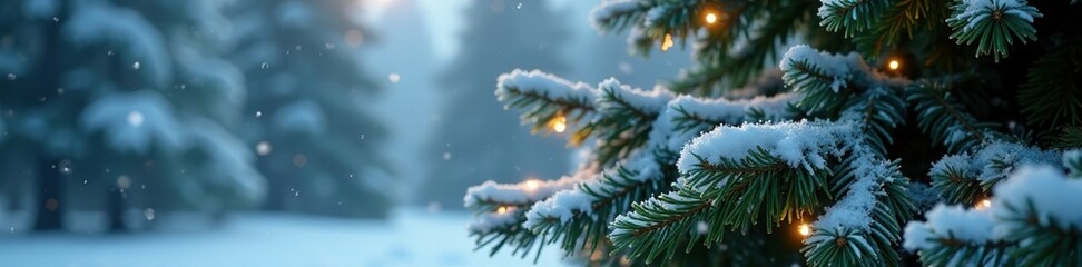 Obraz premium Sparkling snowflakes gently falling on a majestic evergreen tree, winter wonderland, christmas tree, frosty