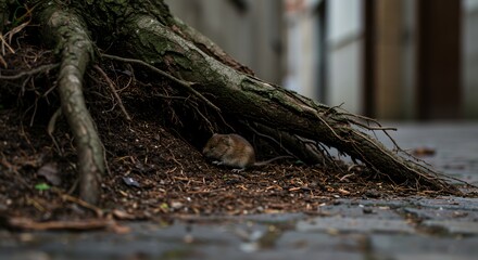 Fototapeta premium Field Vole Sitting Near Roots in an Urban Environment Outdoors