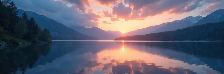 Fototapeta premium Cloudy evening scene at Mirror Lake with a calm lake surface, stillness, lake