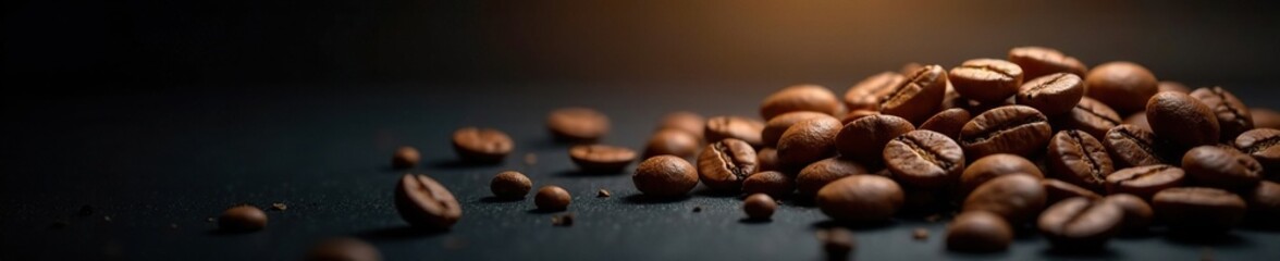 Naklejka premium Black background with scattered roasted coffee beans and soft warm light peeking through, light, modern